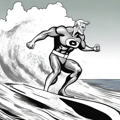 In the comic strip, the superhero uses a surfboard to travel at incredible speeds.