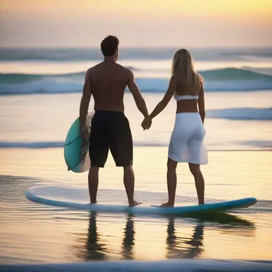 As the sun set, they held hands and surfboarded together, creating a romantic and memorable moment.