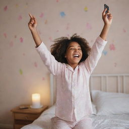 A elated girl in her pajamas, in her room, holding her phone with sheer joy and excitement, as if she has discovered a treasure.