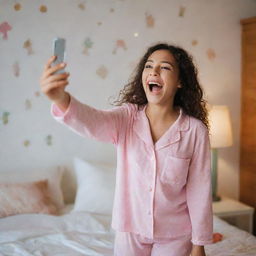 A elated girl in her pajamas, in her room, holding her phone with sheer joy and excitement, as if she has discovered a treasure.