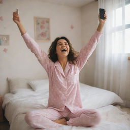 A elated girl in her pajamas, in her room, holding her phone with sheer joy and excitement, as if she has discovered a treasure.