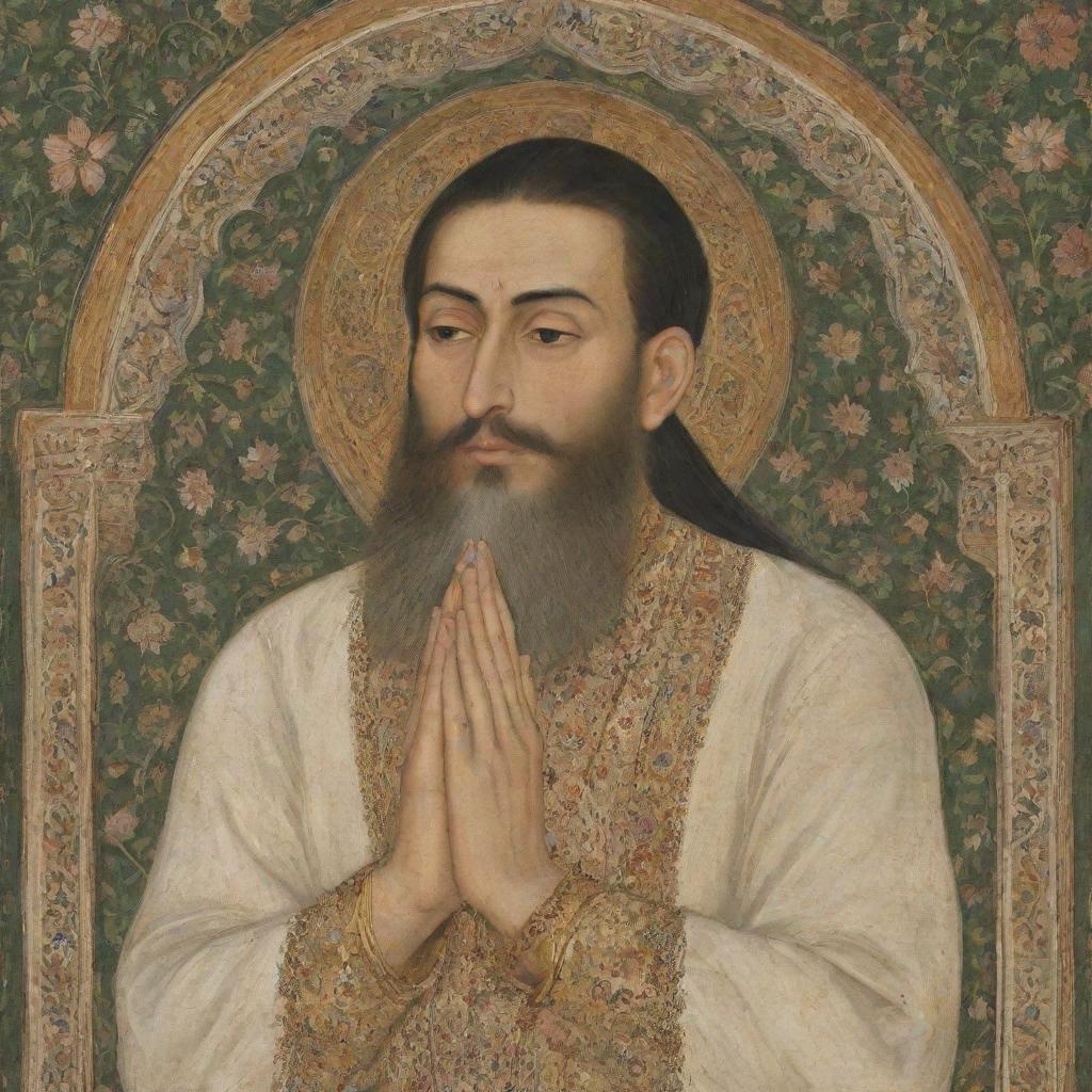 A detailed Mughal style 17th-century painting. A close shot of Emperor Aurangzeb in prayer, his hands joined in devotion, his face cast to the side to signify humility. His figure surrounded by ornate, traditional imagery.