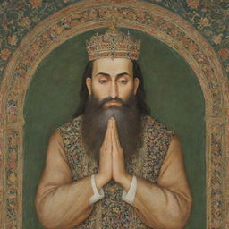 A detailed Mughal style 17th-century painting. A close shot of Emperor Aurangzeb in prayer, his hands joined in devotion, his face cast to the side to signify humility. His figure surrounded by ornate, traditional imagery.