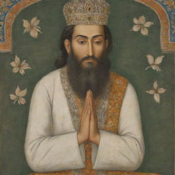 A detailed Mughal style 17th-century painting. A close shot of Emperor Aurangzeb in prayer, his hands joined in devotion, his face cast to the side to signify humility. His figure surrounded by ornate, traditional imagery.