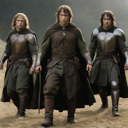 Characters from The Lord of the Rings equipped with sophisticated, high-tech futuristic battle gear.