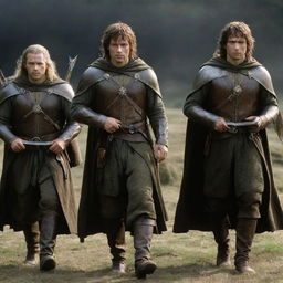 Characters from The Lord of the Rings equipped with sophisticated, high-tech futuristic battle gear.