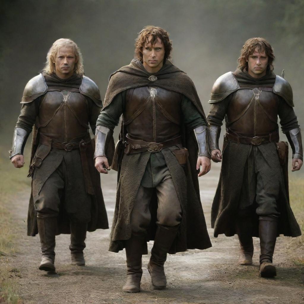 Characters from The Lord of the Rings equipped with sophisticated, high-tech futuristic battle gear.