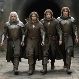 Characters from The Lord of the Rings equipped with sophisticated, high-tech futuristic battle gear.