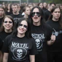 Black metal music fans gathered at a concert, wearing band t-shirts, dark clothing, and expressing their passion for the music genre.