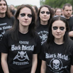 Black metal music fans gathered at a concert, wearing band t-shirts, dark clothing, and expressing their passion for the music genre.