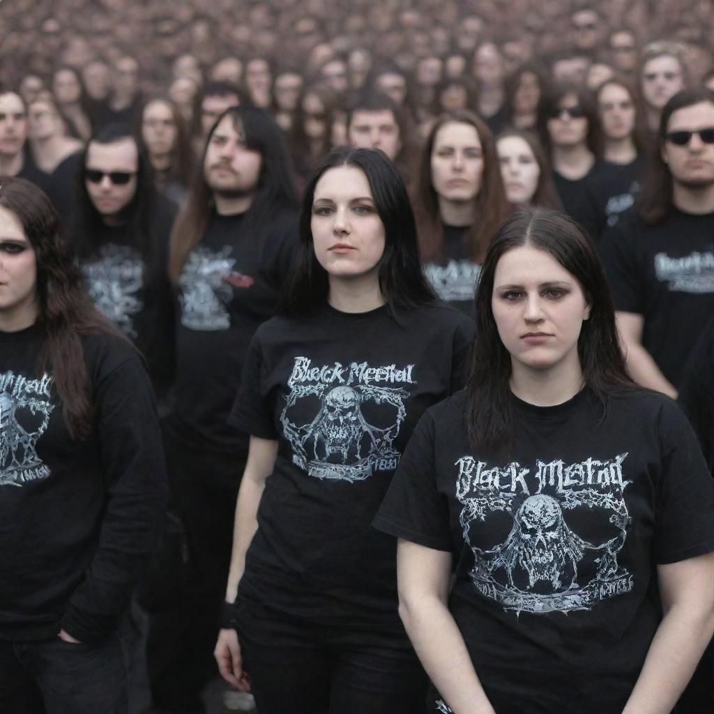 Black metal music fans gathered at a concert, wearing band t-shirts, dark clothing, and expressing their passion for the music genre.