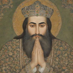 A close shot of Emperor Aurangzeb in deep prayer from the Qur'an, depicted in a 17th-century Mughal style side-faced painting, full of rich and ornate detailing.