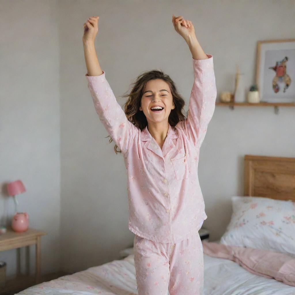 An elated girl in her room, wearing pajamas, holding her phone and looking at it with increasing happiness, so much so that she starts to dance joyfully.