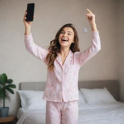 An elated girl in her room, wearing pajamas, holding her phone and looking at it with increasing happiness, so much so that she starts to dance joyfully.