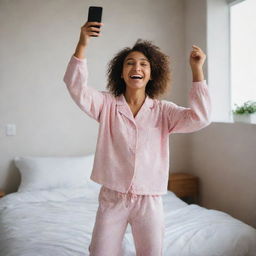 An elated girl in her room, wearing pajamas, holding her phone and looking at it with increasing happiness, so much so that she starts to dance joyfully.