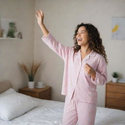 An elated girl in her room, wearing pajamas, holding her phone and looking at it with increasing happiness, so much so that she starts to dance joyfully.