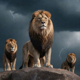 A regal king standing firm with a majestic lion, formidable eagle, and resilient wolf by his side amidst a fierce thunderstorm.