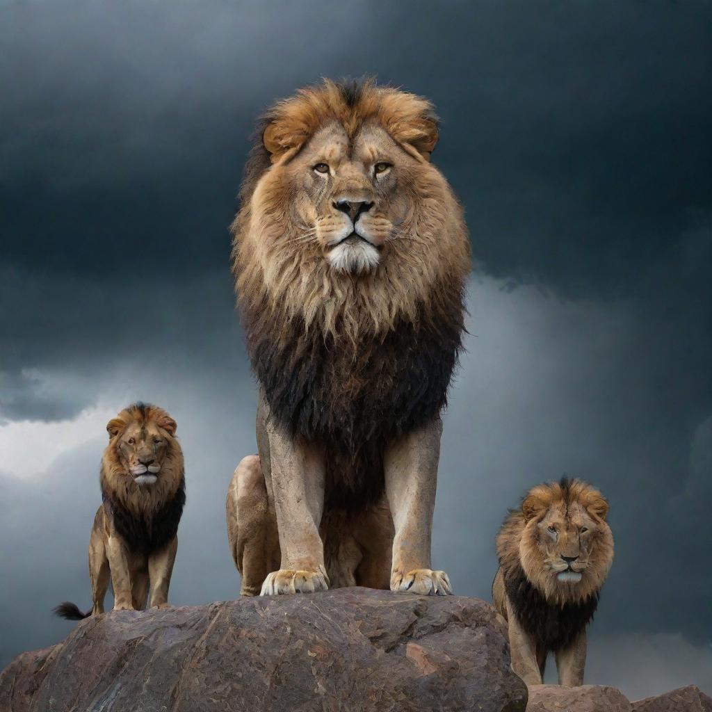 A regal king standing firm with a majestic lion, formidable eagle, and resilient wolf by his side amidst a fierce thunderstorm.