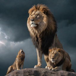 A regal king standing firm with a majestic lion, formidable eagle, and resilient wolf by his side amidst a fierce thunderstorm.