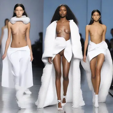 The fashion designer showcased a daring outfit inspired by the theme of ejaculate, using dramatic white fabrics and fluid-like textures.