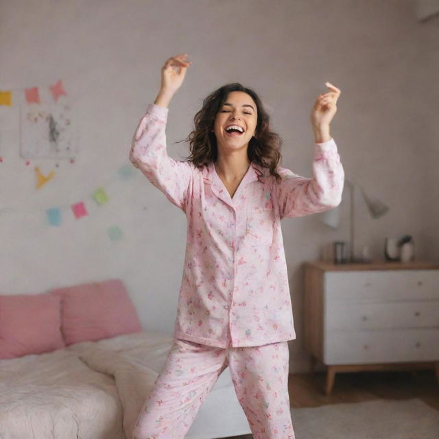 An extremely joyous girl in pajamas dancing in her room, holding her phone and her happiness growing by the moment. The atmosphere around her transforms into a vibrant party scene.