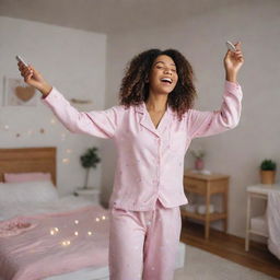 An extremely joyous girl in pajamas dancing in her room, holding her phone and her happiness growing by the moment. The atmosphere around her transforms into a vibrant party scene.