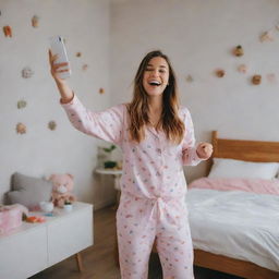 An extremely joyous girl in pajamas dancing in her room, holding her phone and her happiness growing by the moment. The atmosphere around her transforms into a vibrant party scene.