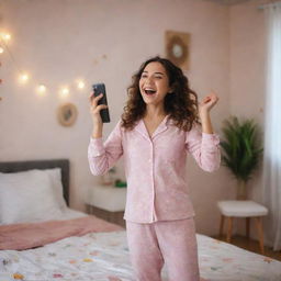 An extremely joyous girl in pajamas dancing in her room, holding her phone and her happiness growing by the moment. The atmosphere around her transforms into a vibrant party scene.