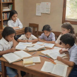 Artistic representation of children engrossed in studies, sitting around a table filled with books, pencils, and papers