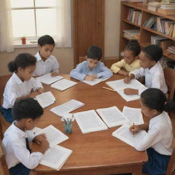 Artistic representation of children engrossed in studies, sitting around a table filled with books, pencils, and papers