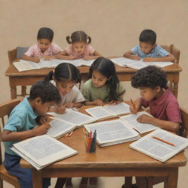 Artistic representation of children engrossed in studies, sitting around a table filled with books, pencils, and papers