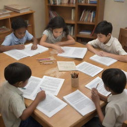 Artistic representation of children engrossed in studies, sitting around a table filled with books, pencils, and papers