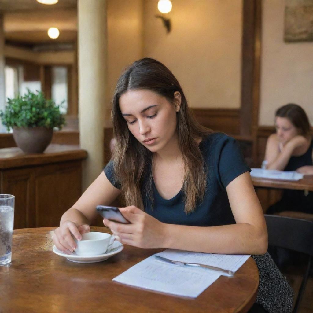 A focused girl using her mobile phone to make a reservation at the LA PIVOINE café, her attention entirely engrossed on securing her spot.