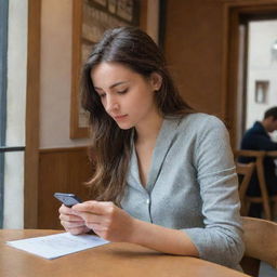 A focused girl using her mobile phone to make a reservation at the LA PIVOINE café, her attention entirely engrossed on securing her spot.