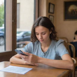 A focused girl using her mobile phone to make a reservation at the LA PIVOINE café, her attention entirely engrossed on securing her spot.