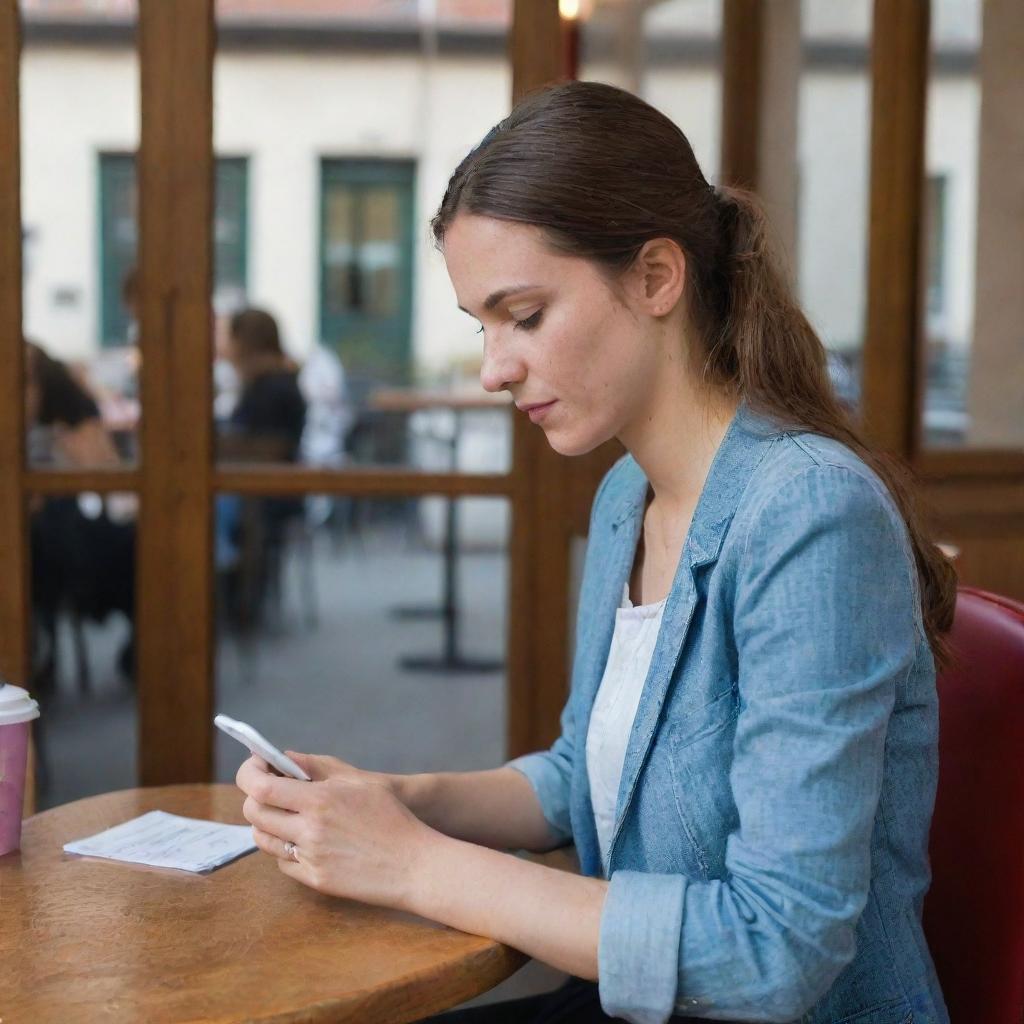 A focused girl using her mobile phone to make a reservation at the LA PIVOINE café, her attention entirely engrossed on securing her spot.