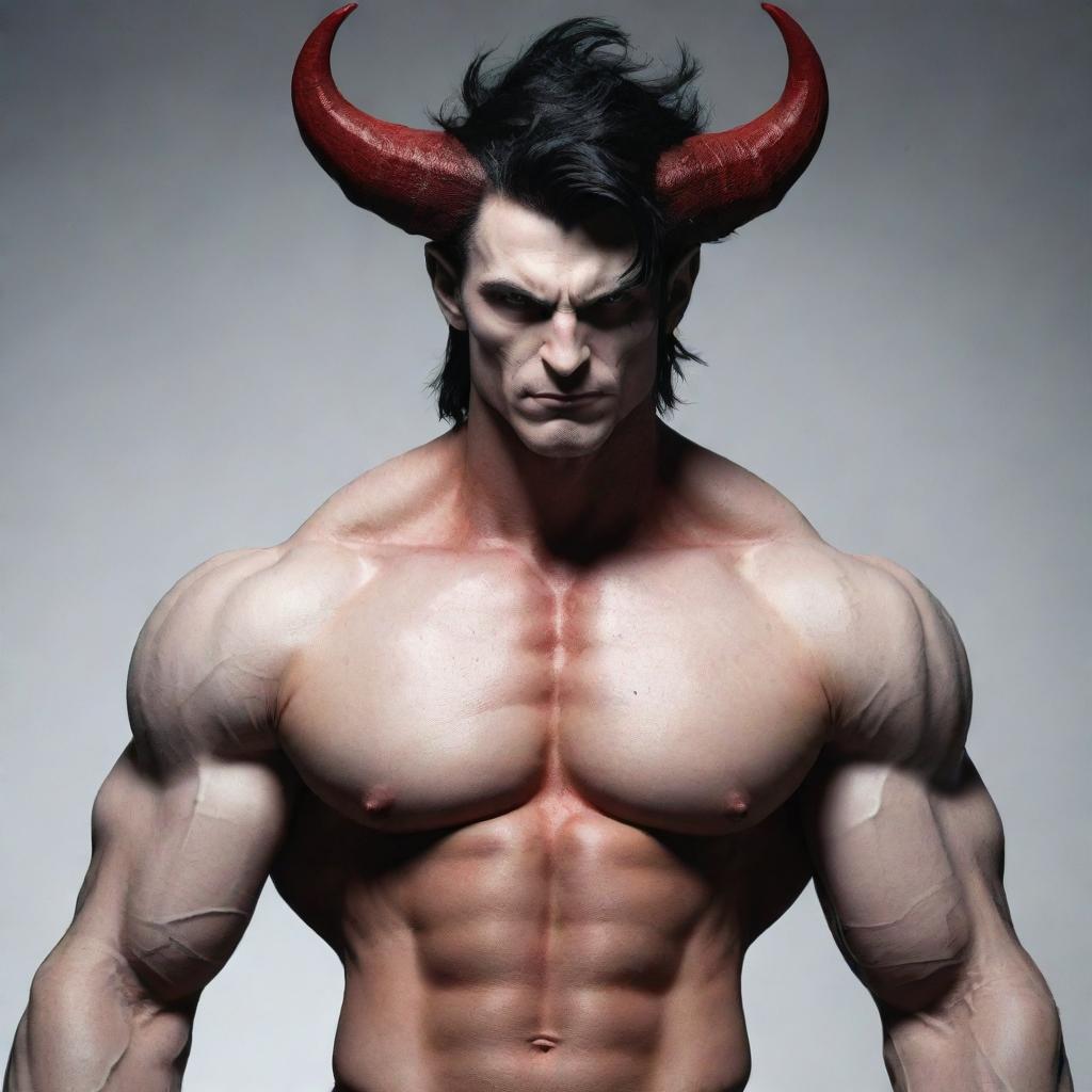 Generate an image of a muscular, pale-white, demon-human hybrid named Vanitas Walter. He has sharp claws, red horns - one broken, a long pointy tail, and short, upright black hair.