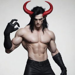 Generate an image of a muscular, pale-white, demon-human hybrid named Vanitas Walter. He has sharp claws, red horns - one broken, a long pointy tail, and short, upright black hair.