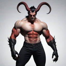 Generate an image of a muscular, pale-white, demon-human hybrid named Vanitas Walter. He has sharp claws, red horns - one broken, a long pointy tail, and short, upright black hair.