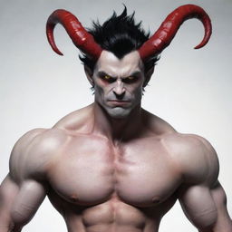 Generate an image of a muscular, pale-white, demon-human hybrid named Vanitas Walter. He has sharp claws, red horns - one broken, a long pointy tail, and short, upright black hair.