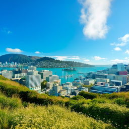 Scenic view of sunny Wellington featuring vibrant blue skies, charming harbour, busy streets, surrounded by lush green hills.