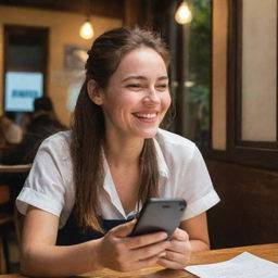 A happy girl, her face illuminated with joy as she focused on her mobile, successfully making a reservation at the LA PIVOINE café.