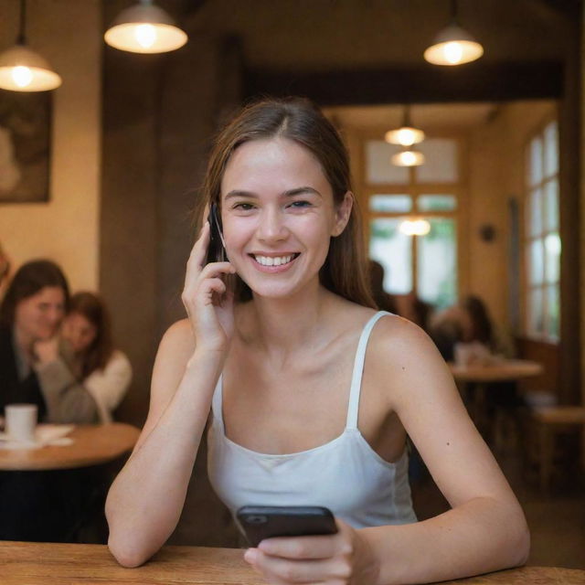 A happy girl, her face illuminated with joy as she focused on her mobile, successfully making a reservation at the LA PIVOINE café.