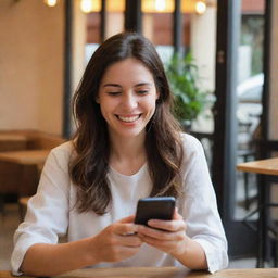 A happy girl, her face illuminated with joy as she focused on her mobile, successfully making a reservation at the LA PIVOINE café.