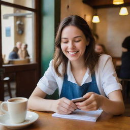 A happy girl, her face illuminated with joy as she focused on her mobile, successfully making a reservation at the LA PIVOINE café.