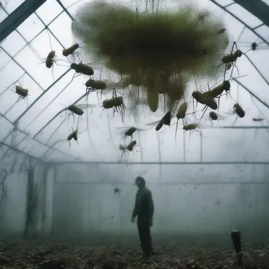 In the thrilling horror movie, the main character battles a monstrous swarm of fungus gnats that emerge from an abandoned greenhouse.