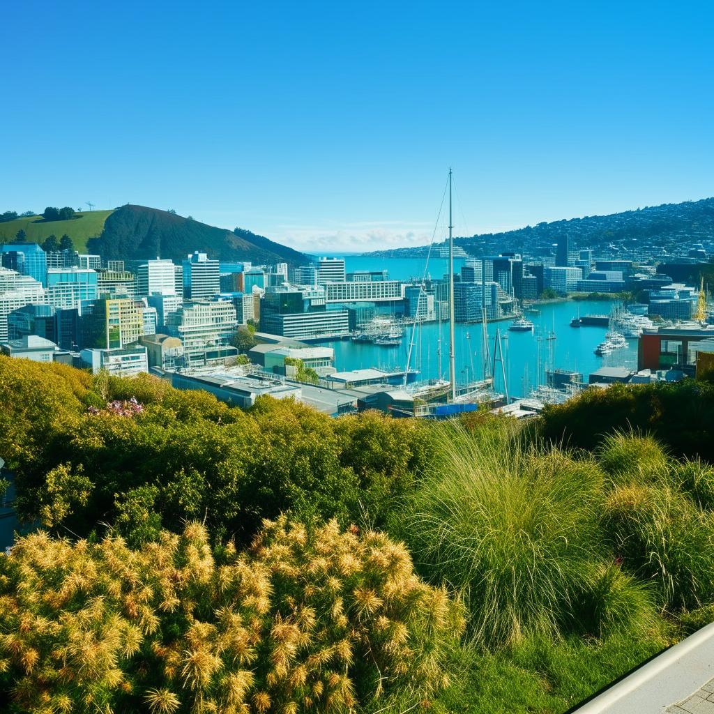 Scenic view of sunny Wellington featuring vibrant blue skies, charming harbour, busy streets, surrounded by lush green hills.