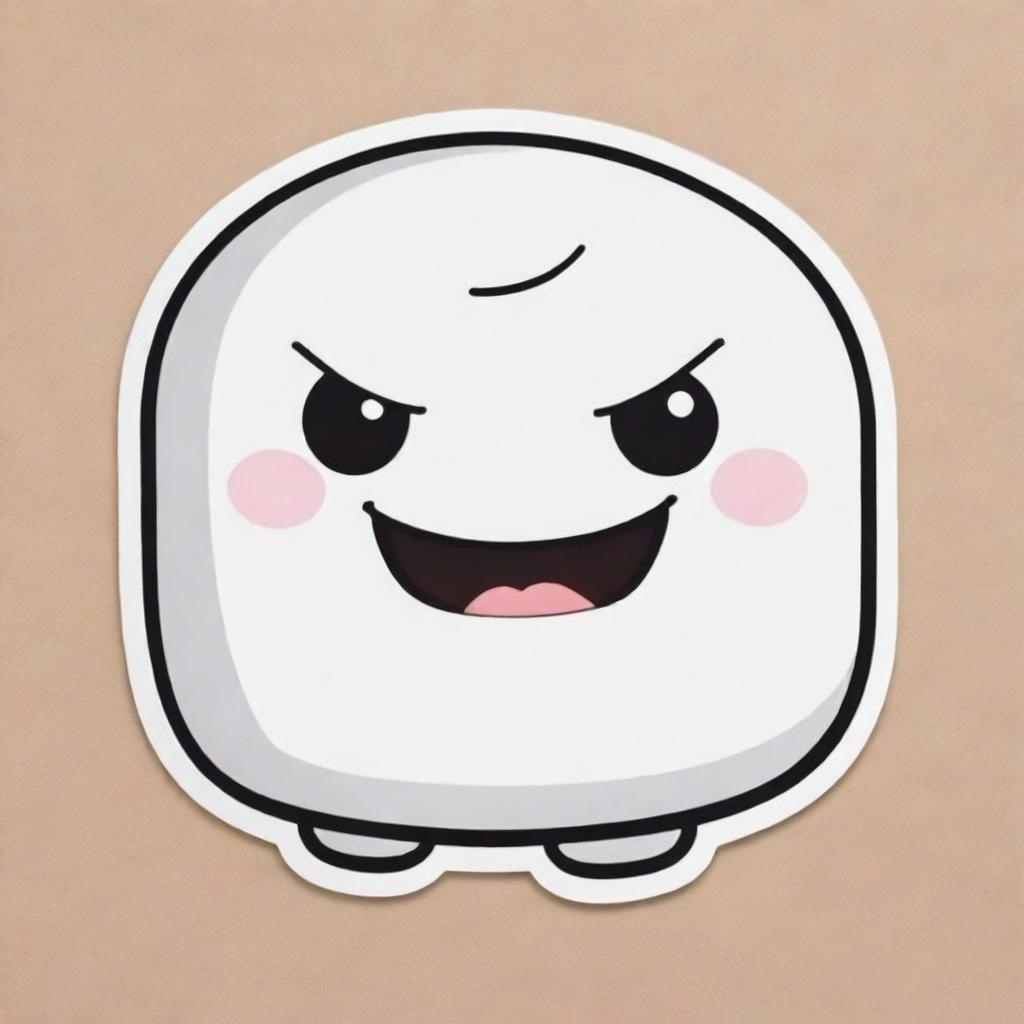 Transform the angry marshmallow into a cute, cartoon-style sticker. Highlight its exaggerated furrowed eyebrows and scowling face to create a charming look.