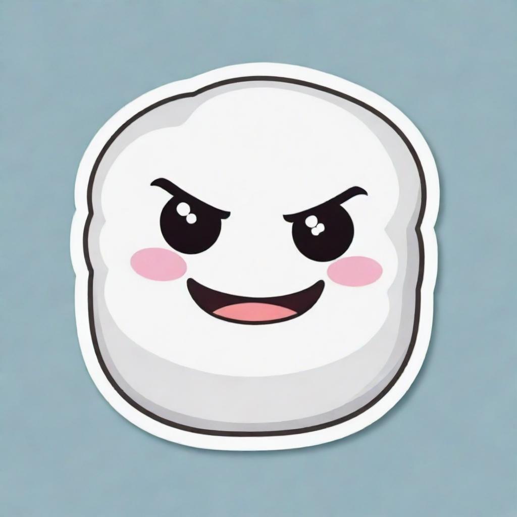 Transform the angry marshmallow into a cute, cartoon-style sticker. Highlight its exaggerated furrowed eyebrows and scowling face to create a charming look.