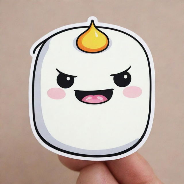 Transform the angry marshmallow into a cute, cartoon-style sticker. Highlight its exaggerated furrowed eyebrows and scowling face to create a charming look.